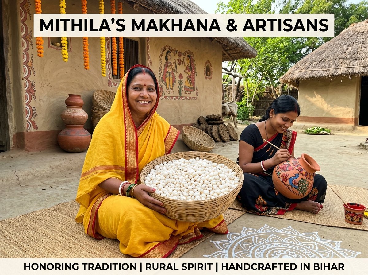 Mithila women artisans with bamboo tokri and makhana